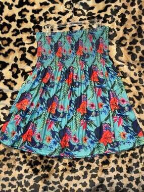 Womens XL Tropical Floral Smocked Strapless Tube Dress Mini Boho Beach Sundress
